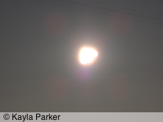 Kayla's photo of the full moon, a few seconds later, hand-held, arms outstretched, high and bright